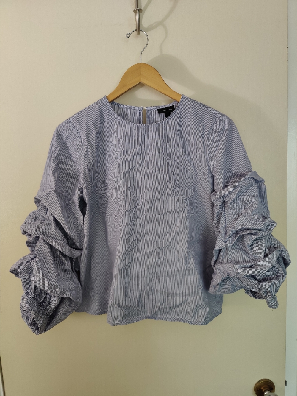 Ruffled Sleeve Women's Top in Blue Stripes